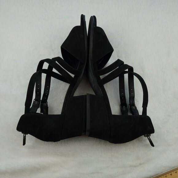 Eileen Fisher Kyra Black Suede Strappy Sandals 7.5 Leather Sole Block Heel Zip - Picture 11 of 11